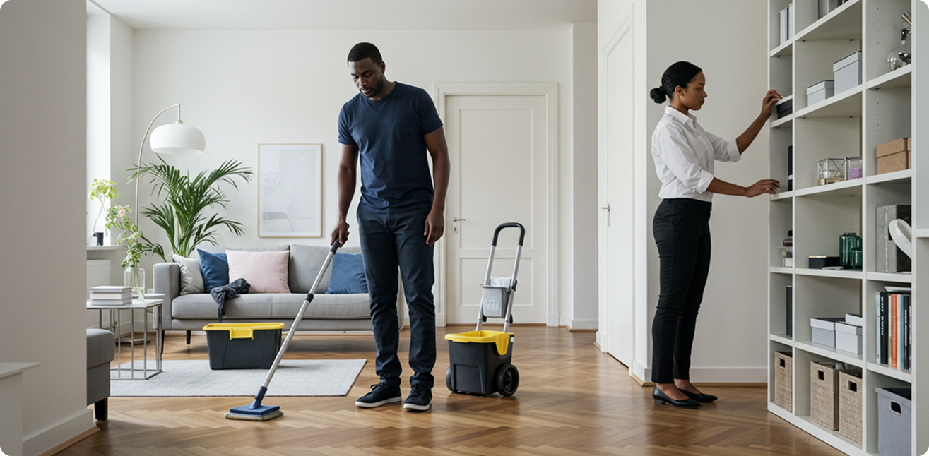 Living room being cleaned by professionals